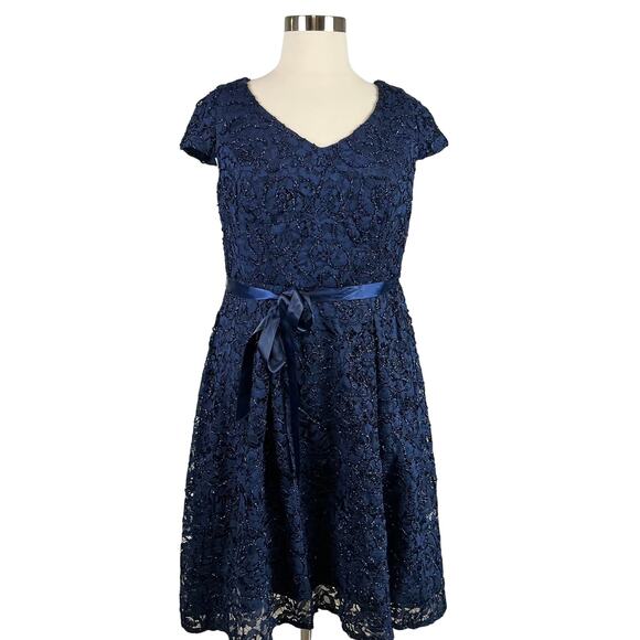 Alex Evenings Beaded Lace Cocktail Dress Blue Size 14W Belted Fit and Flare - Picture 1 of 13